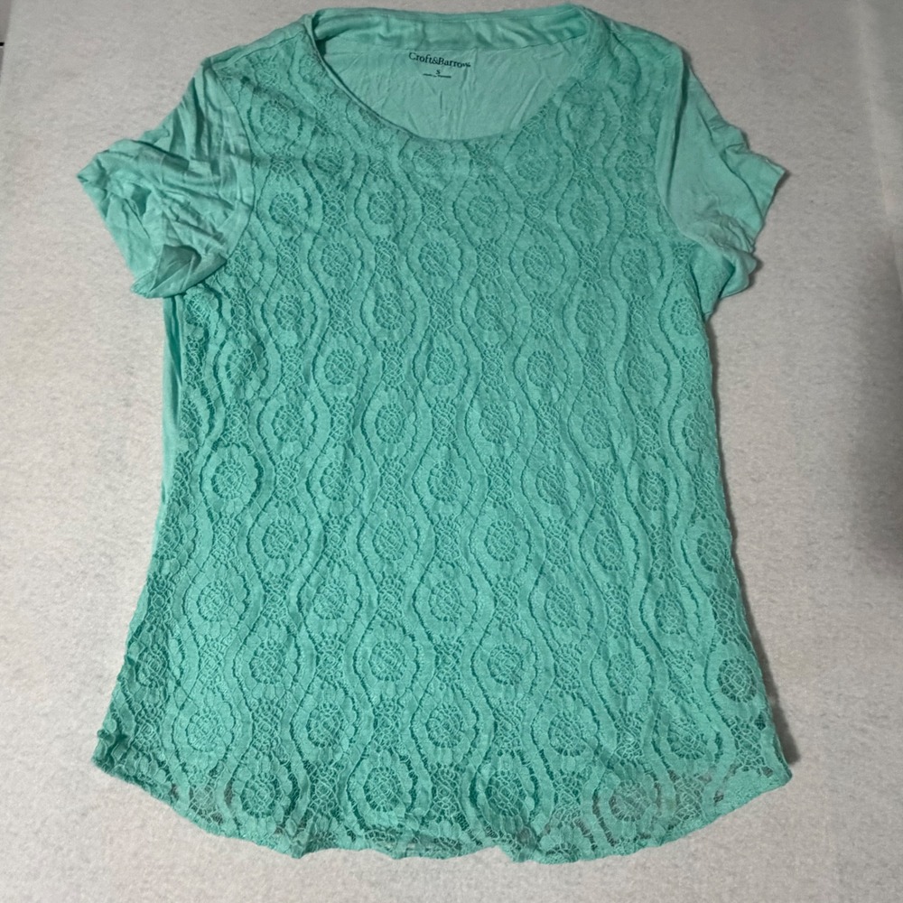 Croft & Barrow Womens Mint Green Lace Front Short Sleeve Scoop Neck Top Size S